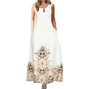 Generic Q-627 White Ladies Sleeveless Dresses Floral Loose Fit Dresses for Women Crew Neck Beach Casual Cutout Victorian Hawaiian Maxi Long Fall Summer Dresses 2024 LH XXL