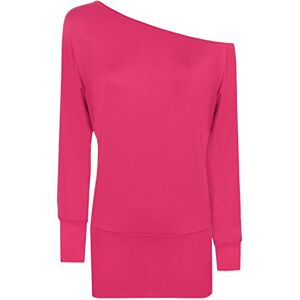 WearAll Ladies Off Shoulder Batwing Long Sleeves Plain T-Shirt Womens Tunic Top - Cerise - 8-10