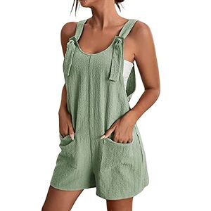 Loalirando Women's Casual Romper Bib Overalls Shorts Solid Color Sleeveless Adjustable Strap Loose Cotton Linen Wide Leg Loose Short Playsuit with Pockets (Light Green, L)