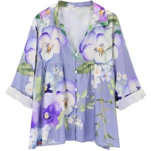 BOTCAM Festive Tunic Women's Shirt Made of Fabric with Floral Butterfly Print and Natural Autumn Scented Fabric Shirt with Stand-Up Collar Women, purple, XL