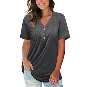 LAISHEN Short Sleeve T Shirts for Women V Neck Button Summer Tops Casual Loose Long Sleeve Henley Tunics Tee Top(Dark grey-273,XXL)