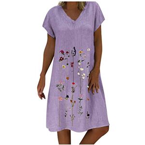 MUMEOMU Summer Cotton Linen Dresses for Women UK Plus Size V Neck Dress Short Sleeve A-line Dress Baggy Printed Dress Casual Knee Length Sundress Tunic Dress Ladies Sundresses (Purple-A, XXL)