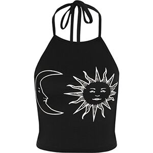 WearAll Women's Sun Moon Print Halter Neck Sleeveless Crop Vest T-Shirt Top Black White