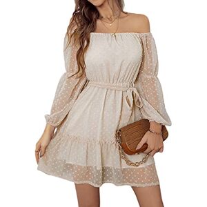 BebreezChic Women Dress Summer Off Shoulder Long Sleeve for Women UK Loose Chiffon Short Dress Square Neck Polka Dots Dress Casual, Beige L