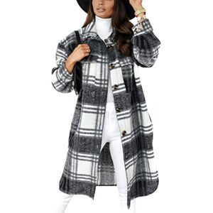 EFOFEI Women Classic Long Plaid Shirt Tweed Long Jackets Vintage Plaid Shirt Baggy Lapel Button Shackets Side Split Overcoat Dark Grey M