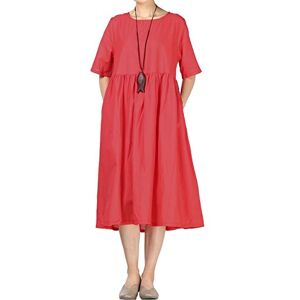 FTCayanz Women's Linen Summer Dresses Round Collar Short Sleeve Midi Dress with Pockets Red XL