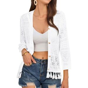 GRACE KARIN Women's Cardigan Summer 3/4 Sleeve Knitted Top V-Neck Button Placket Cardigan with Tassel White S