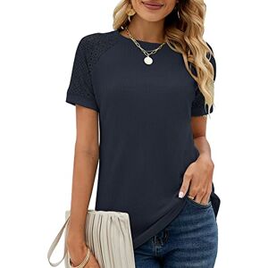 Bequemer Laden Womens Summer Lace Short Sleeve Tshirts Crew Neck Casual Loose Tops Shirt Blouse Navy Blue