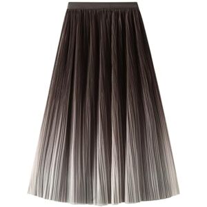 GerRit Skirt Elegant Tulle Gradient Midi Skirts Women Streetwear High Waist Elastic All Match A Line Skirts-coffee-s