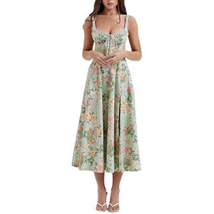 Qtinghua Women's Summer Bohemian Floral Print Corset Dress Sleeveless Spaghetti Strap Beach Party Casual Flowy A-Line Tank Dress (D#Green, S)