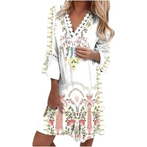 Women V Neck 3/4 Sleeve Midi Dress Floral Print Ruffle Casual Short Dresses Loose Beach Holiday Sundress Ladies Summer Casual Dresses UK