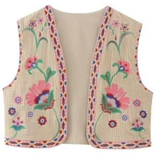 LCDIUDIU Women'S Sleeveless Waistcoats Ethnic Floral Embroidered Crop Vest, Vintage Victorian Open Front Cardigan Jacket Coat Casual Stylish Summer Gilet Outerwear Streetwear, Light Khaki, Xs