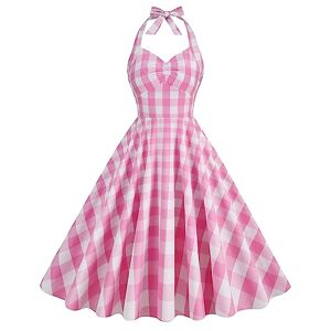 Odizli 1950s Dresses for Women UK 1940s Vintage Rockabilly 50s Style Sleeveless Halter Neck Gingham Swing A Line Skater Midi Tea Dress Cocktail Evening Party Prom Gown Plus Size Pink #A XXL