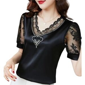 TGGOHIGH Shirt Women Shirt V Neck Blouse Summer Short Sleeve Flower Mesh Tops-3 Black Gold-L