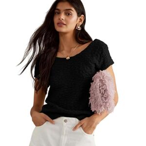 BAODANWUXIAN Short Sleeves Womens T Shirts Ladies Tops Summer Short Sleeve Shirt Cloud Puff Short Sleeve T-Shirt Tee-Black-Xs