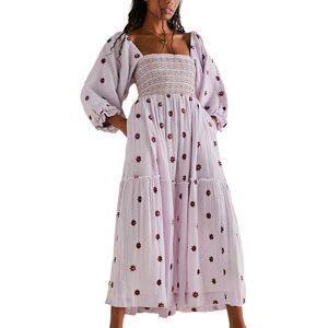 Yoisdtxc Women 's Smocked Square Neck A Line Flowy Maxi Long Dress Flower Print Half Sleeves Backless Embroidery Loose Swing Dress (Purple, L)