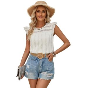 BAODANWUXIAN Short Sleeves Womens Summer Tops Ruffle Short Sleeve T-Shirt Flowy Loose Pleated Mesh Shirts Crew Neck Tunic Tops-White-L