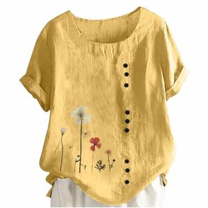 PRiME Womens Summer Tops Casual Tee Shirts Summer Tops Round Neck Short Sleeve Casual Button Tops Long Tunic Tops Basic Tees Tunic Shirts Summer Tops Casual Going Out Tops Office Work Yellow