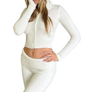 SMIMGO Womens Summer Knitted 2 Piece Outfits Y2K Zip Up Knitted Crop Top Bottom Two Piece Set Tracksuit Loungewear Cute Knitted Hooded Sweatshirts with Trousers (Color : White, Size : S)