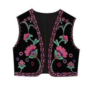 LCDIUDIU Women'S Sleeveless Waistcoats Ethnic Floral Embroidered Crop Vest, Vintage Victorian Open Front Cardigan Jacket Coat Casual Stylish Summer Gilet Outerwear Streetwear, Black, Xs