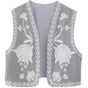 LCDIUDIU Women'S Sleeveless Waistcoats Ethnic Floral Embroidered Crop Vest, Vintage Victorian Open Front Cardigan Jacket Coat Casual Stylish Summer Gilet Outerwear Streetwear, Grey, Xs