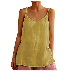 Summer Tops For Women Uk AMhomely Women's Tank Tops Summer T Shirts Crew Neck Sleeveless Spaghetti Strap Camisole Basic Tees Cami Beach Blouses Casual Cotton Linen T-Shirt Loose Tunic Blouses, 1* Yellow