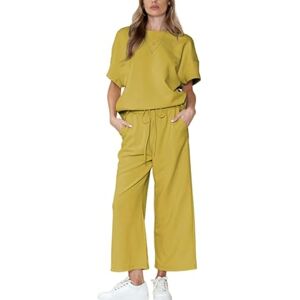 LCDIUDIU Oversized Wide Leg Sweat Pants And Top Set Women Summer 2 Piece Outfits,Black Round Neck Striped Texture Loose Short Sleeve T-Shirt Casual Tracksuit Jogging Loungewear Co Ord Sets Yellow L