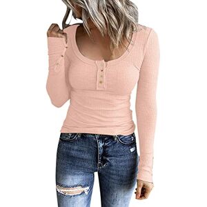 Generic Long Sleeve T Shirts for Women UK Button Down Scoop Neck Solid Colour Tops Ladies Summer Loose Fit Casual Blouse Dressy Going Out Tunics Pink