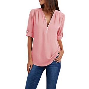 HAOLEI Chiffon Tops for Women UK Sale Plus Size 22 Zipper V Neck Shirts Half Sleeve Longline T Shirt Long Length 2023 Summer Blouse Top Loose Fit Solid Color Tunic Tops Ladies Pink