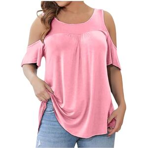 Generic P-664 Pink Short Sleeve Cold Shoulder Shirts for Women Fall Summer Boat Neck Loose Fit Long Oversized Lounge Pleated Basic Top T Shirt Blouse Women 2024 Clothes Fashion 4XL