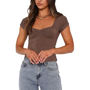 Femereina Women Basic Crop Top Short Sleeve Solid Round Neck Skinny Tops Cap Sleeve Slim Tee Shirt Cute Aesthetic Clothes (Brown, L)