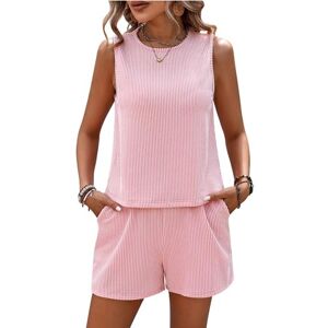LCDIUDIU Womens 2 Piece Summer Outfits Co Ord Shorts Set, Pink Sleeveless Crew Neck Stripe Cropped Vest Elastic Waist Shorts Outfit Casual Beach Travel Lounge Wear Sets Pink L