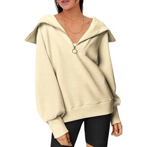 SMENG Long Sleeve Tops Women Drop Shoulder Collar Quarter Zip Fleece Baggy Ladies Loungewear Travel Walking Jumper for Women Uk Beige Size 14-16 L