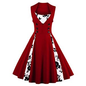 Vintage 1950s Rockabilly Polka Dots Homecoming Dress Women 50s Style Retro Cocktail Midi Dress Sping Summer Wedding Party Birthday Swing Tea Dresses Wine Red-Flower M