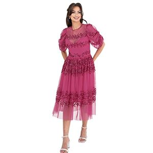 Maya Deluxe Womens Midi Dress Ladies Sequin Embellished Short Sleeve Dress for Wedding Guest Bridesmaid Prom Ball Evening Occasion Fuchsia Size 10 UK