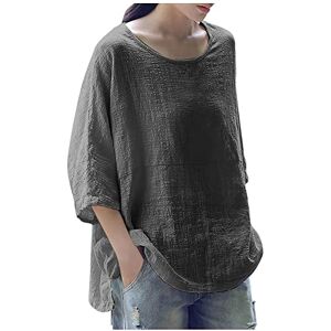 Yolimok Summer Tops for Women UK Sale 3/4 Sleeve Cotton Linen Solid Crew Neck Ladies Tops Casual Loose Three Quarter Sleeve Tunic T Shirt Plus Size Elegant Blouse Shirts UK 8-18 Gray