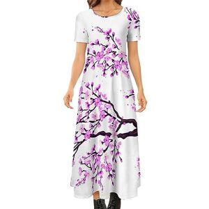 Songting Sakura Tree Cherry Blossoms Women's Summer Casual Short Sleeve Maxi Dress Crew Neck Printed Long Dresses XS
