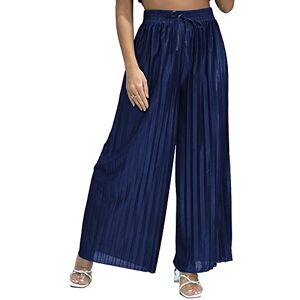 Want Clothing Women's Pleated Satin Relaxed Wide Leg Smart Casual Palazzo Trousers (as8, Alpha, s, m, Regular, Regular, Navy)