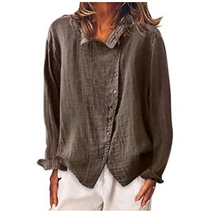 Kuih 2023 Women's Cotton Linen Blouse Solid Loose Casual Long Sleeve Tops Fashion V-Neck Tees Shirts Elegant Comfy Shirt Tunic for Party Dance Office Holiday UK Size 10-18 Sale Clearance Brown