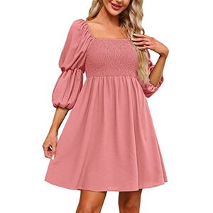 AMhomely Summer Dress Women 2023 Casual Square Neck Puff 3/4 Sleeve Smocked Chest Off Shoulder Babydoll Mini Dress Trendy Tunic Dress Vacation Cocktail Formal Work Wedding Activewear，2 Pink