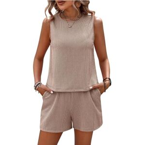 LCDIUDIU Womens 2 Piece Summer Outfits Co Ord Shorts Set, Pink Sleeveless Crew Neck Stripe Cropped Vest Elastic Waist Shorts Outfit Casual Beach Travel Lounge Wear Sets Khaki S