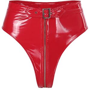 iEFiEL Women's PVC Leather Wet Look High Waist Zipper Crotch Hot Pants Booty Shorts Clubwear Red S