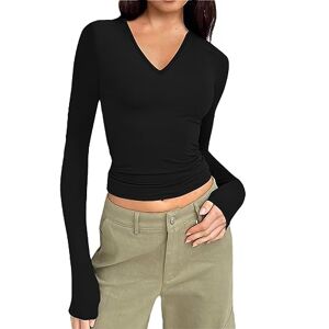 Tunic Tops For Women Uk 0823b11 Ladies Skim Dupe Aesthetic Streetwear Fall Winter Clothing Long Sleeve V Neck Tshirts Y2K Cloth Basic Tops Women Casual Solid Color Tight Blouse Slim Fit Crop Tops Baby Tee