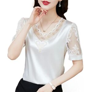TGGOHIGH Shirt Women Shirt V Neck Blouse Summer Short Sleeve Flower Mesh Tops-3 White Gold-M