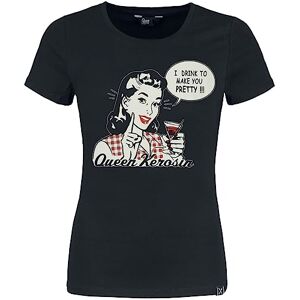 Queen Kerosin Women's Vintage Shirt T-Shirt Slim Fit Front Print Short Sleeve Retro Cocktail Pin-Up Pretty 50s Rockabella I Drink to Make You Pretty, black, M