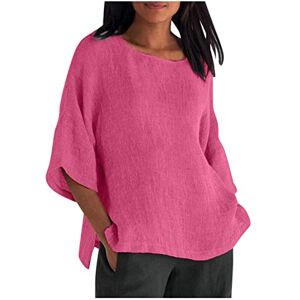 RLEHJN Women'S Line Tops Pullover Solid Cotton Ladies Blouse Round Neck Tunic 2023 Spring Summer Fashion Casual Elegant Tee Shirt Loose Fit Plus Size Comfortable Hale Sleeves Tunic Hot Pink