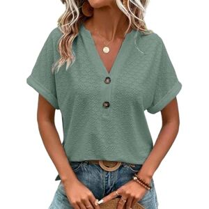 Gyios t shirt Women Summer Trendy Casual Button T Shirt V Neck Short Sleeve Solid Loose Pullover Tops Plus Size Short Sleeve Tunic-dark Green-xxxl