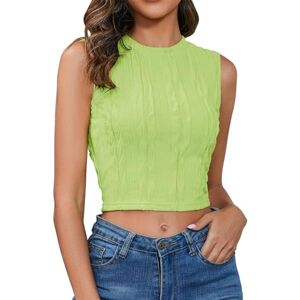 CreoQIJI Black Puff Sleeve Shirt Plain Pleated Sleeveless Crop T-Shirt Top for Women with Crew Neck Tunic Black Women, Green, S