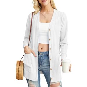 GRECERELLE Womens Summer Cardigan Long Sleeve Lightweight V Neck Hollowed-Out Ribbed Button Down Outerwear Cardigans with Pockets (White, S)