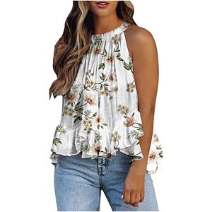 Women Casual Blouse AMhomely Women's Halter Neck Tank Tops Floral Sleeveless Shirt Pleated Casual Camisole Sweatshirt Loose T Shirt Blouses Jumper Henley Shirts Elegant for Ladies UK Z3 White